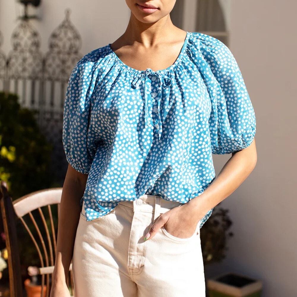 Emerson Fry Luie Top Painterly Dots White Blue Peasant Organic Cotton SZ L NWT